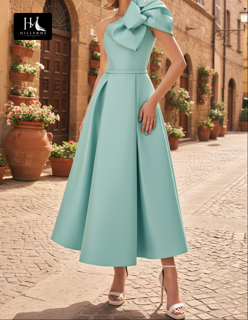 Asymmetrical-Neck Ankle-Length Satin Pleated A-Line Mother of the Bride Dress with Bow Detail