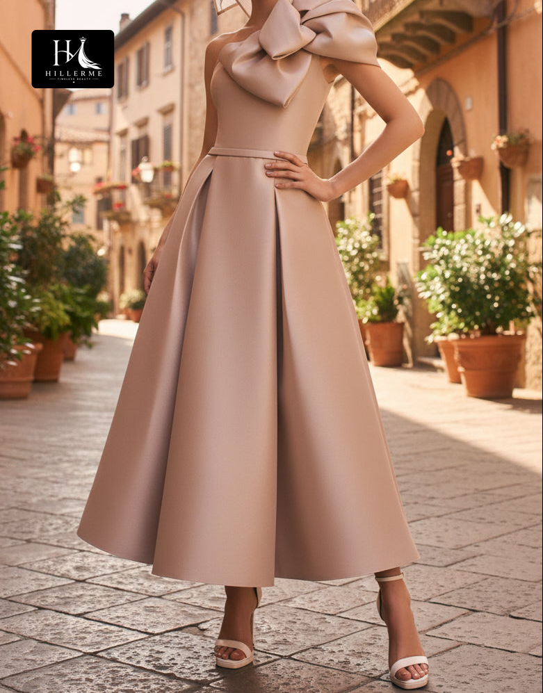 Asymmetrical-Neck Ankle-Length Satin Pleated A-Line Mother of the Bride Dress with Bow Detail