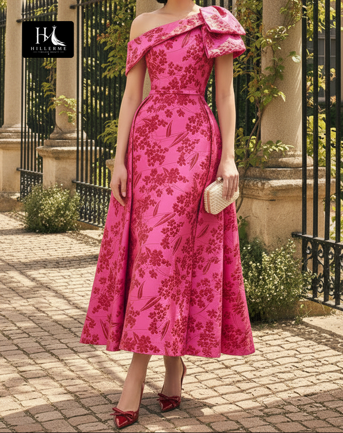 Asymmetrical-Neck Satin Mermaid Mother of the Bride Dress with Jacquard Pleating