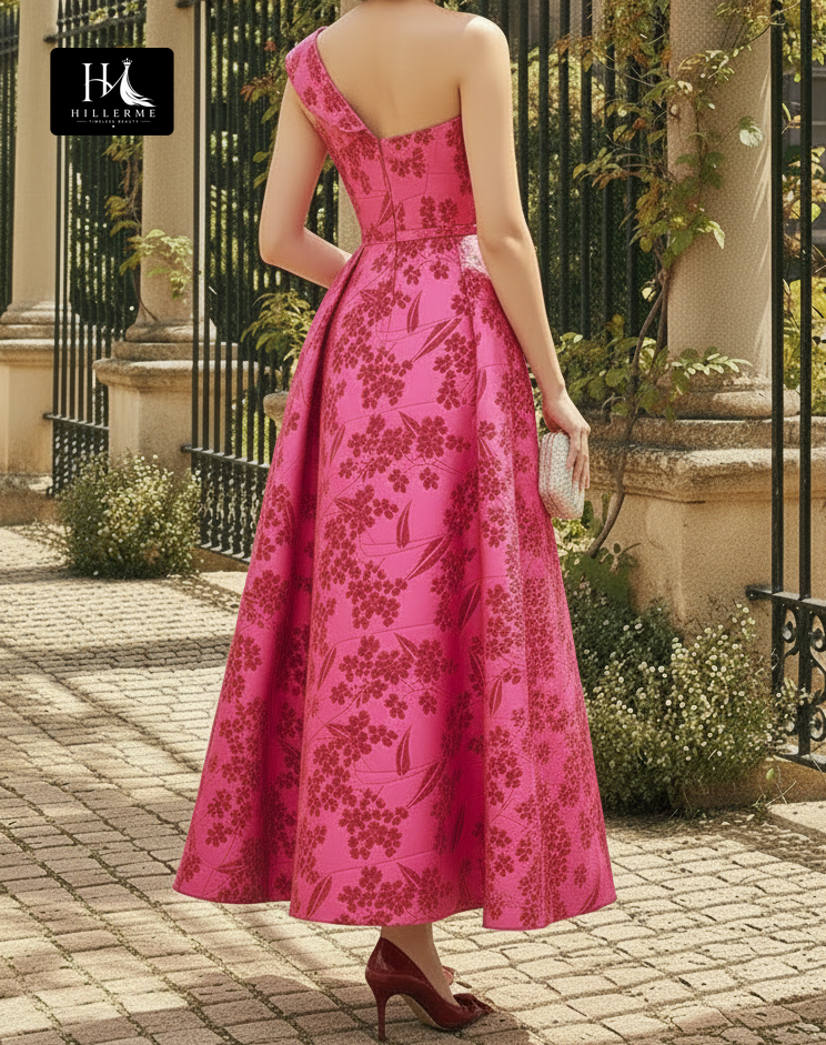 Asymmetrical-Neck Satin Mermaid Mother of the Bride Dress with Jacquard Pleating
