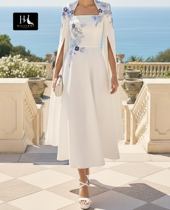 Square-Neck Chiffon Cape-Sleeve A-Line Mother of the Bride Dress with Ankle-Length Pleats
