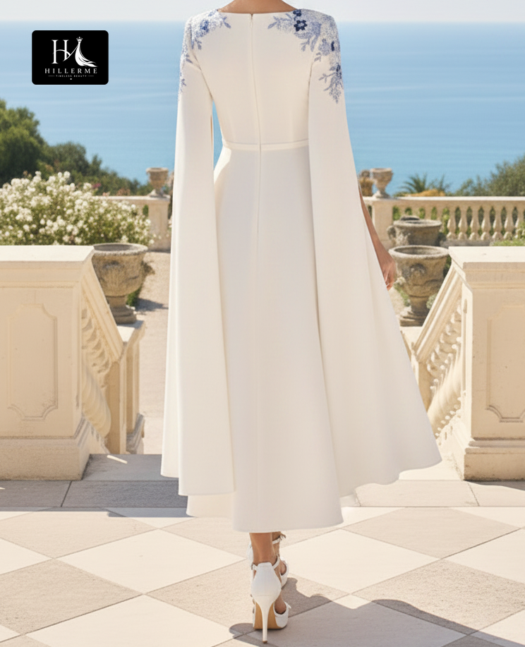 Square-Neck Chiffon Cape-Sleeve A-Line Mother of the Bride Dress with Ankle-Length Pleats