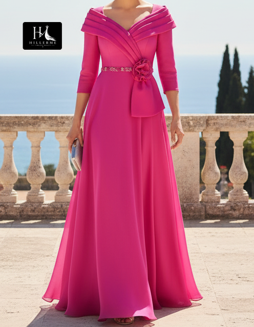 V-Neck 3/4-Sleeve Floor-Length Beaded Chiffon Pleated A-Line Mother of the Bride Dress
