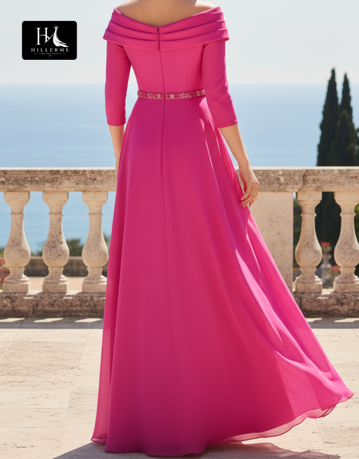 V-Neck 3/4-Sleeve Floor-Length Beaded Chiffon Pleated A-Line Mother of the Bride Dress