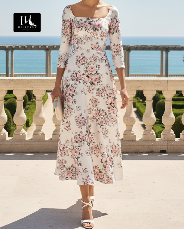 Square-Neck 3/4-Sleeve Printed Chiffon Pleated A-Line Ankle-Length Mother of the Bride Dress