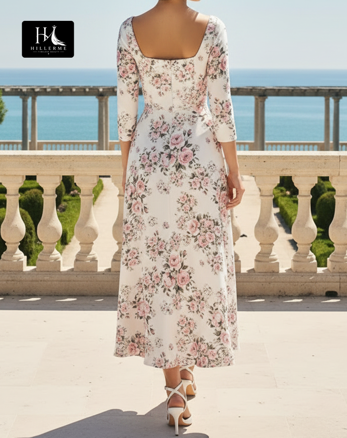 Square-Neck 3/4-Sleeve Printed Chiffon Pleated A-Line Ankle-Length Mother of the Bride Dress