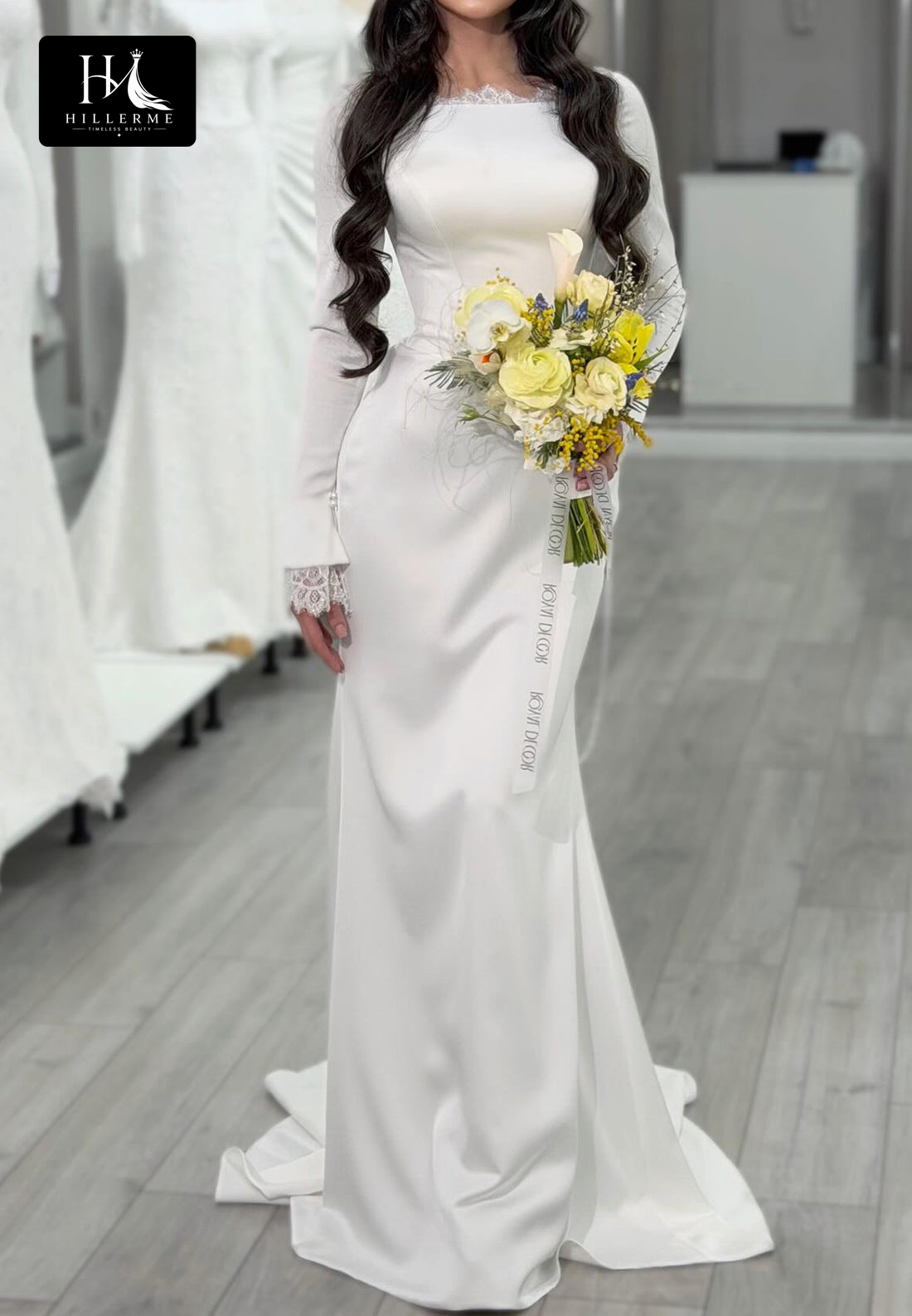 Scoop-Neck Mermaid Wedding Dress with Long Sleeves, Lace & Satin Fitted Bodice and Sweep Train