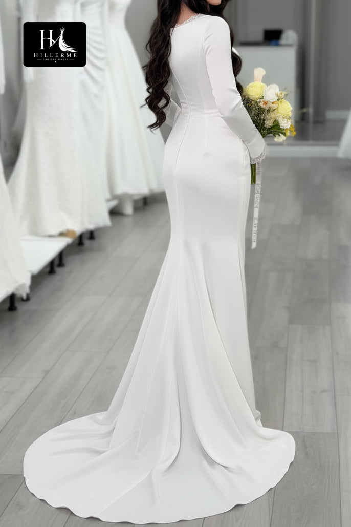 Scoop-Neck Mermaid Wedding Dress with Long Sleeves, Lace & Satin Fitted Bodice and Sweep Train