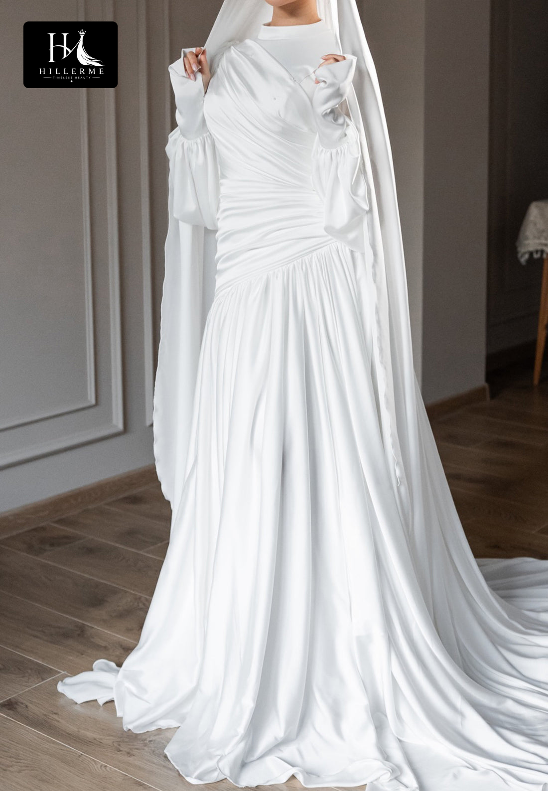 Simple High-Neck Long-Sleeve Satin Mermaid Wedding Dress with Train
