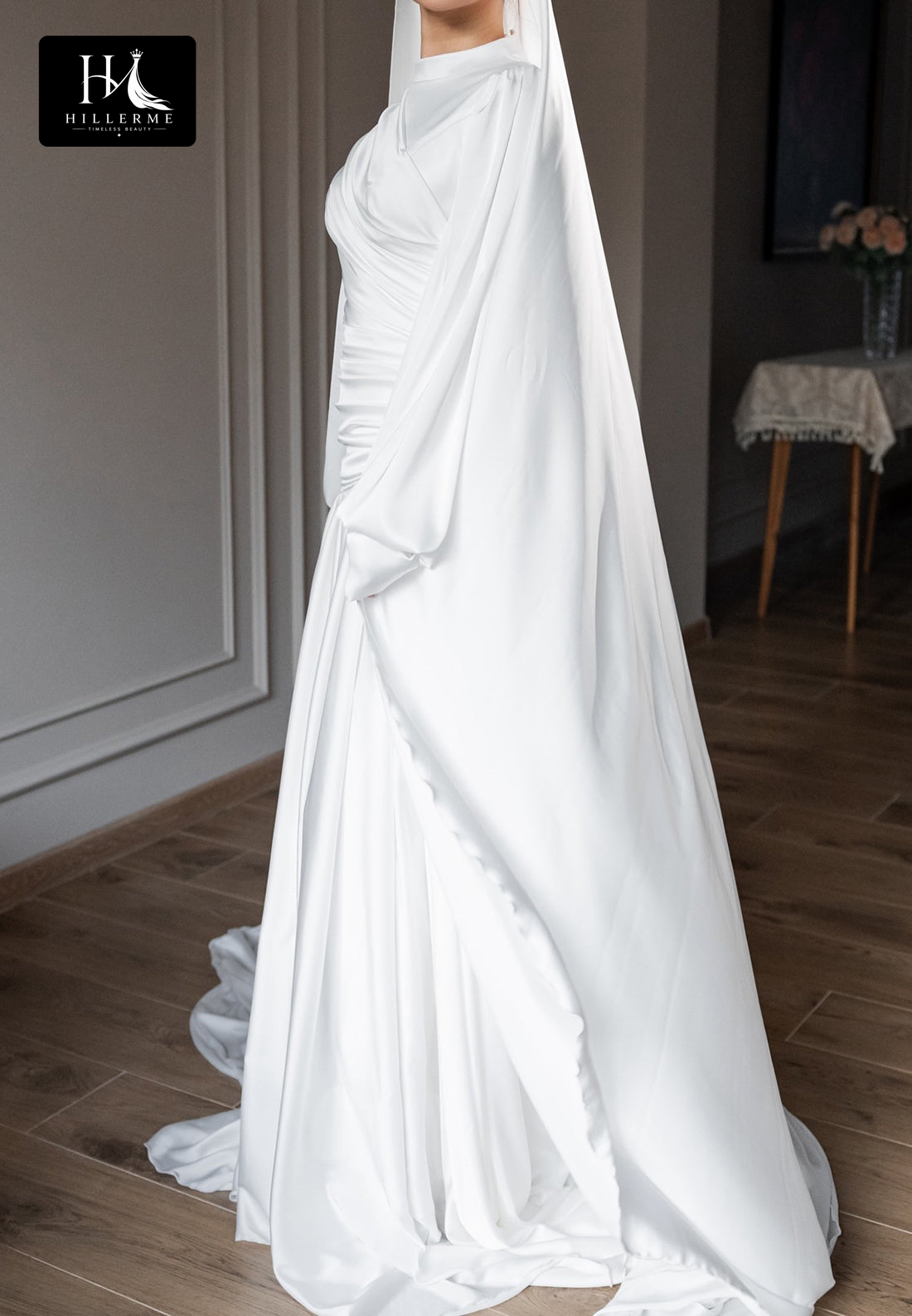 Simple High-Neck Long-Sleeve Satin Mermaid Wedding Dress with Train