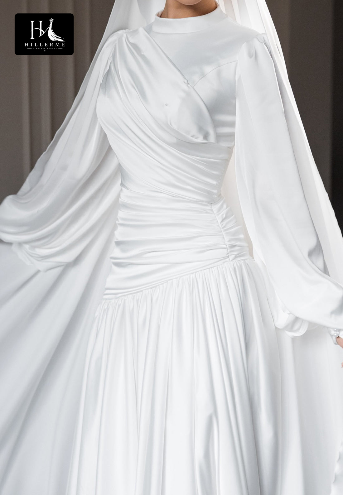 Simple High-Neck Long-Sleeve Satin Mermaid Wedding Dress with Train