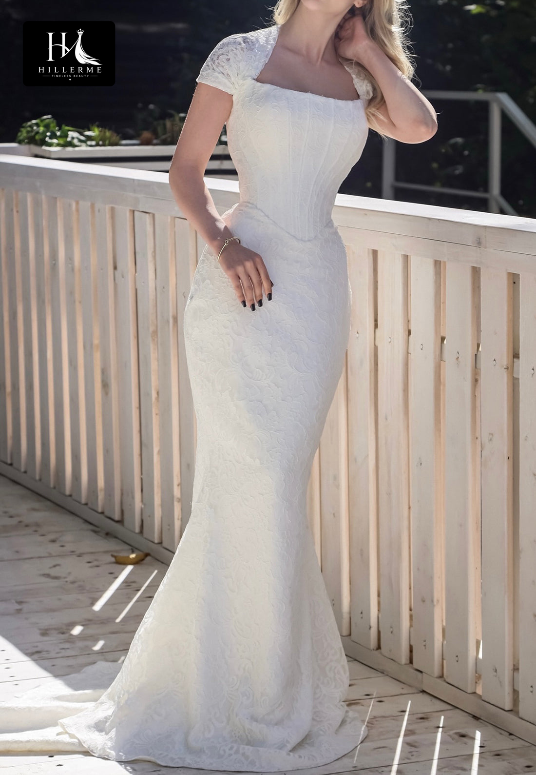 Satin Mermaid Wedding Dress with Bateau Neckline, Cap Sleeves, and Lace Appliqués on Sweep Train