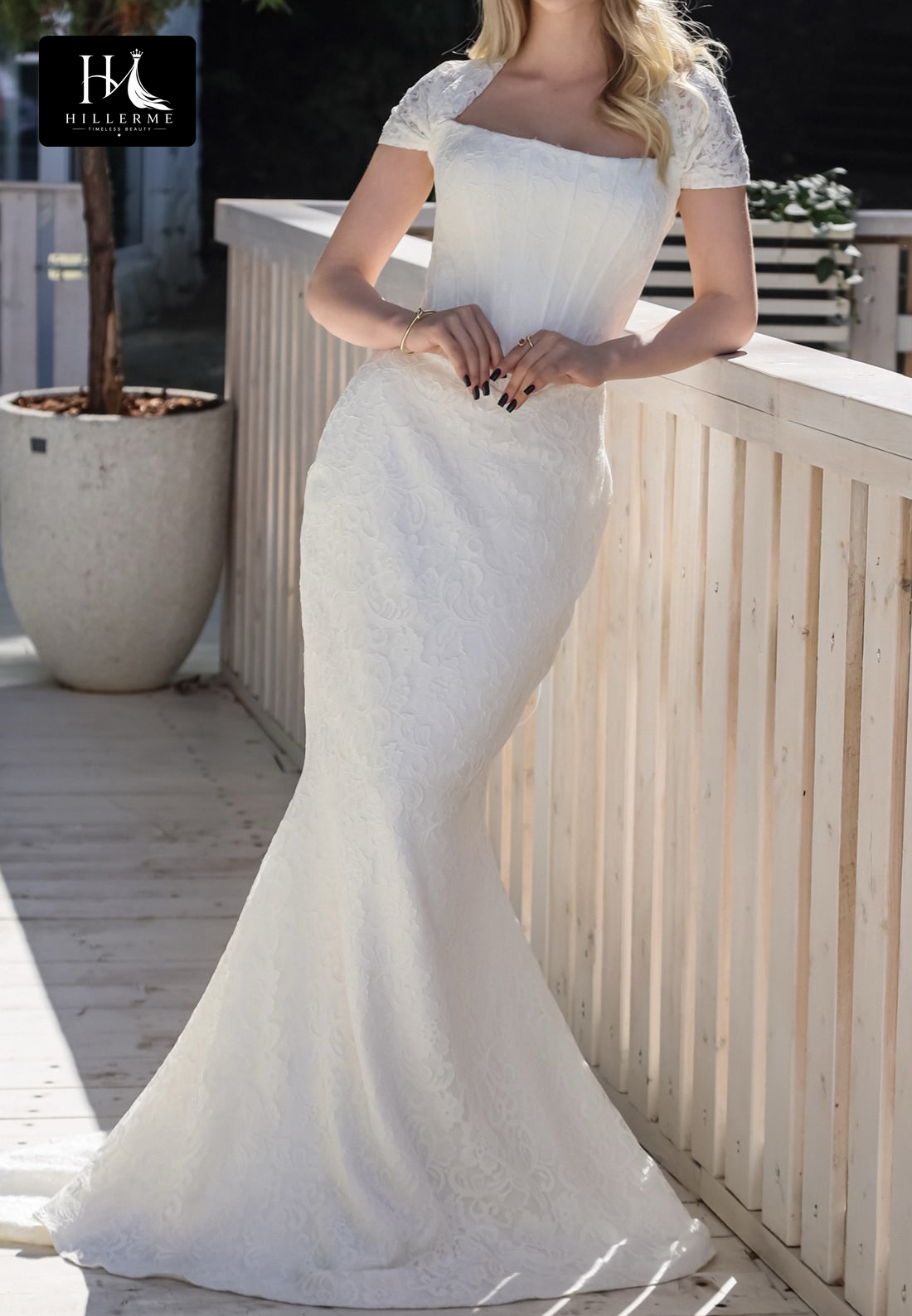 Satin Mermaid Wedding Dress with Bateau Neckline, Cap Sleeves, and Lace Appliqués on Sweep Train