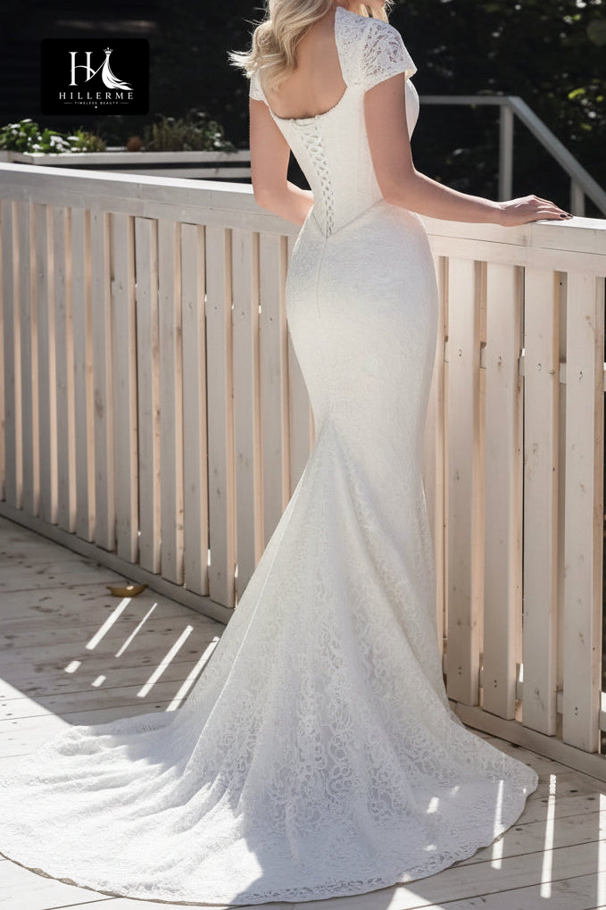 Satin Mermaid Wedding Dress with Bateau Neckline, Cap Sleeves, and Lace Appliqués on Sweep Train