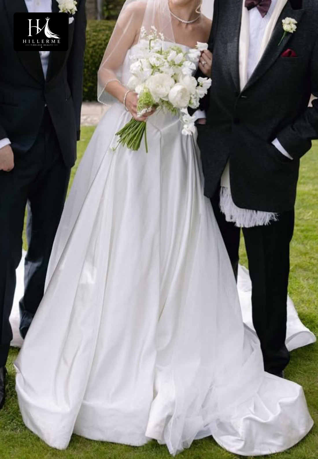 Sleek Tube Top Off-Shoulder Satin Pleated A-Line Wedding Dress with Sweep Train
