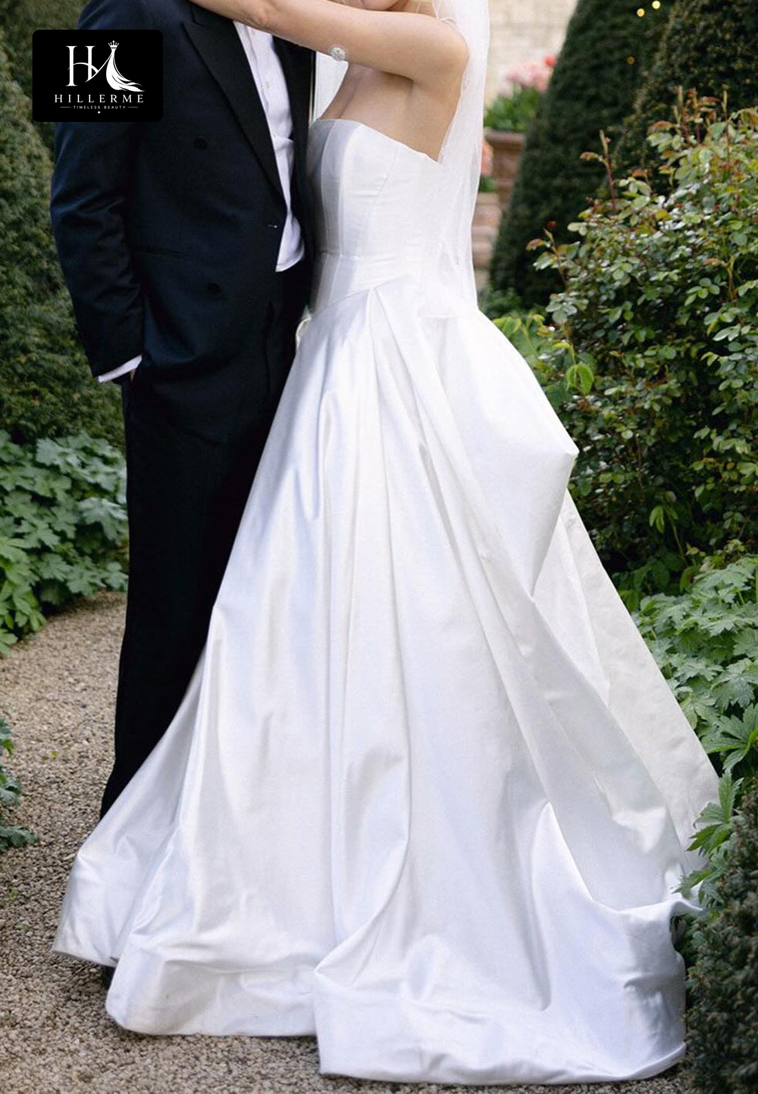 Sleek Tube Top Off-Shoulder Satin Pleated A-Line Wedding Dress with Sweep Train