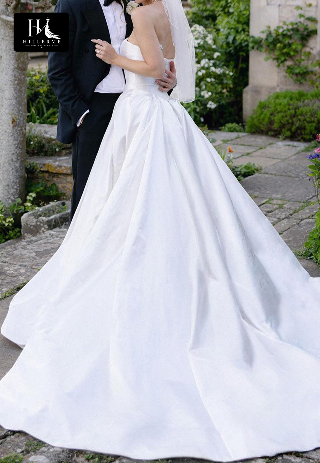 Sleek Tube Top Off-Shoulder Satin Pleated A-Line Wedding Dress with Sweep Train