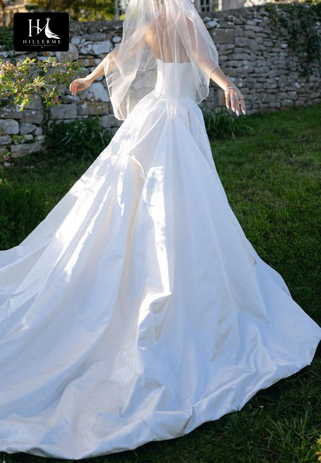 Sleek Tube Top Off-Shoulder Satin Pleated A-Line Wedding Dress with Sweep Train