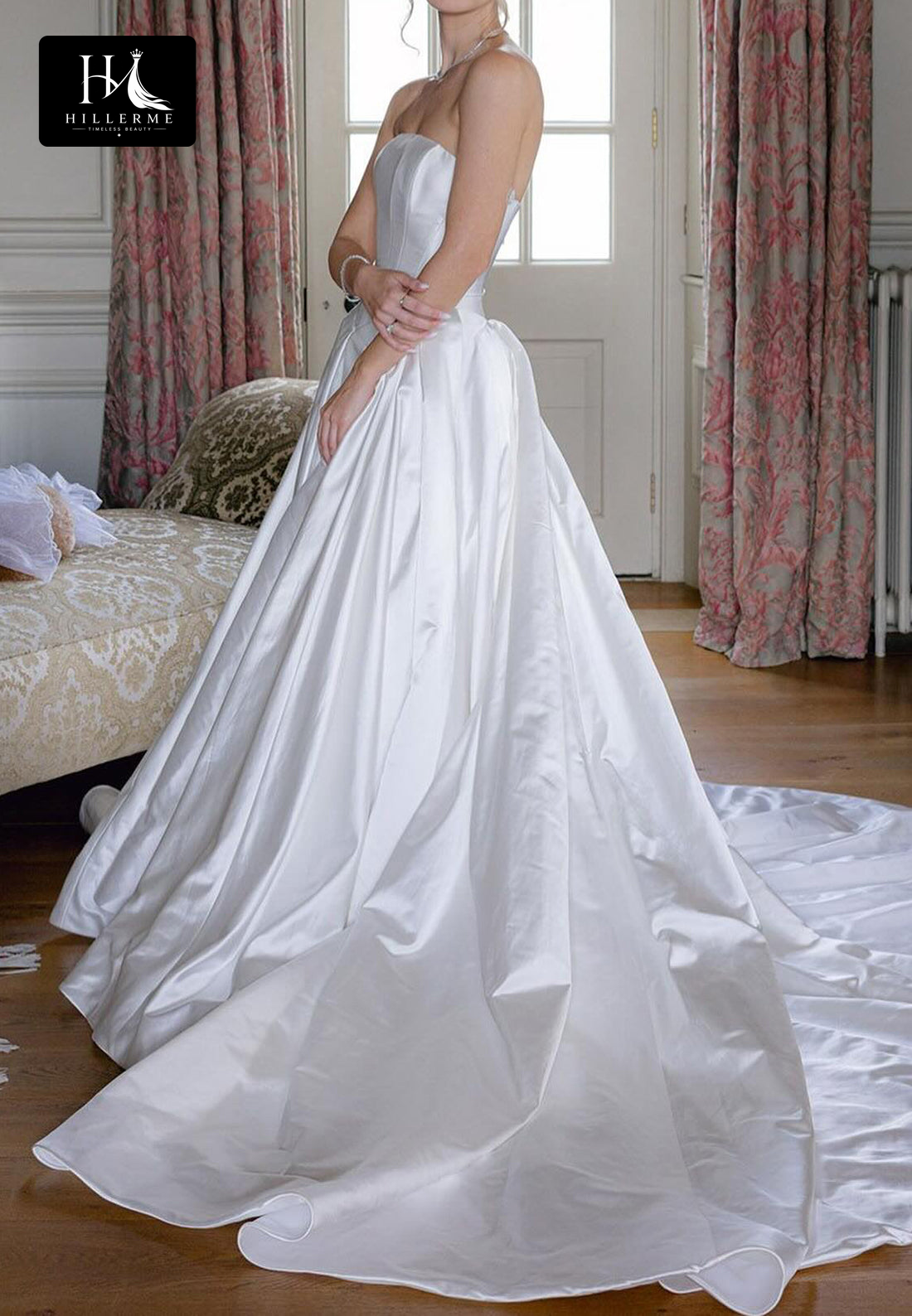 Sleek Tube Top Off-Shoulder Satin Pleated A-Line Wedding Dress with Sweep Train