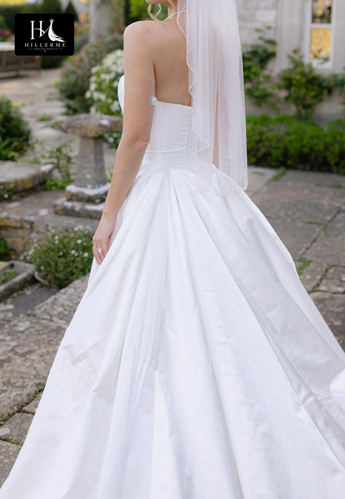 Sleek Tube Top Off-Shoulder Satin Pleated A-Line Wedding Dress with Sweep Train