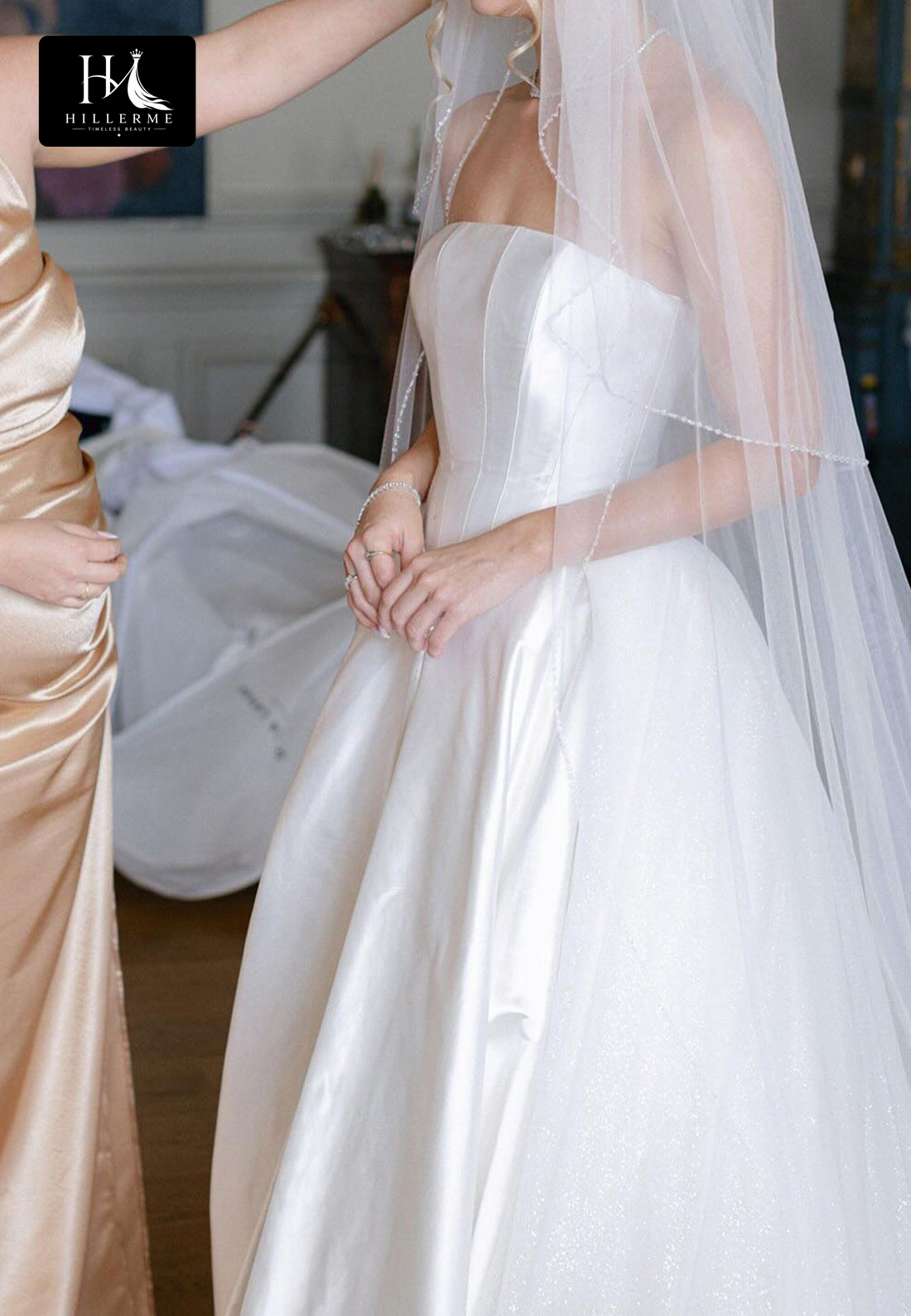 Sleek Tube Top Off-Shoulder Satin Pleated A-Line Wedding Dress with Sweep Train