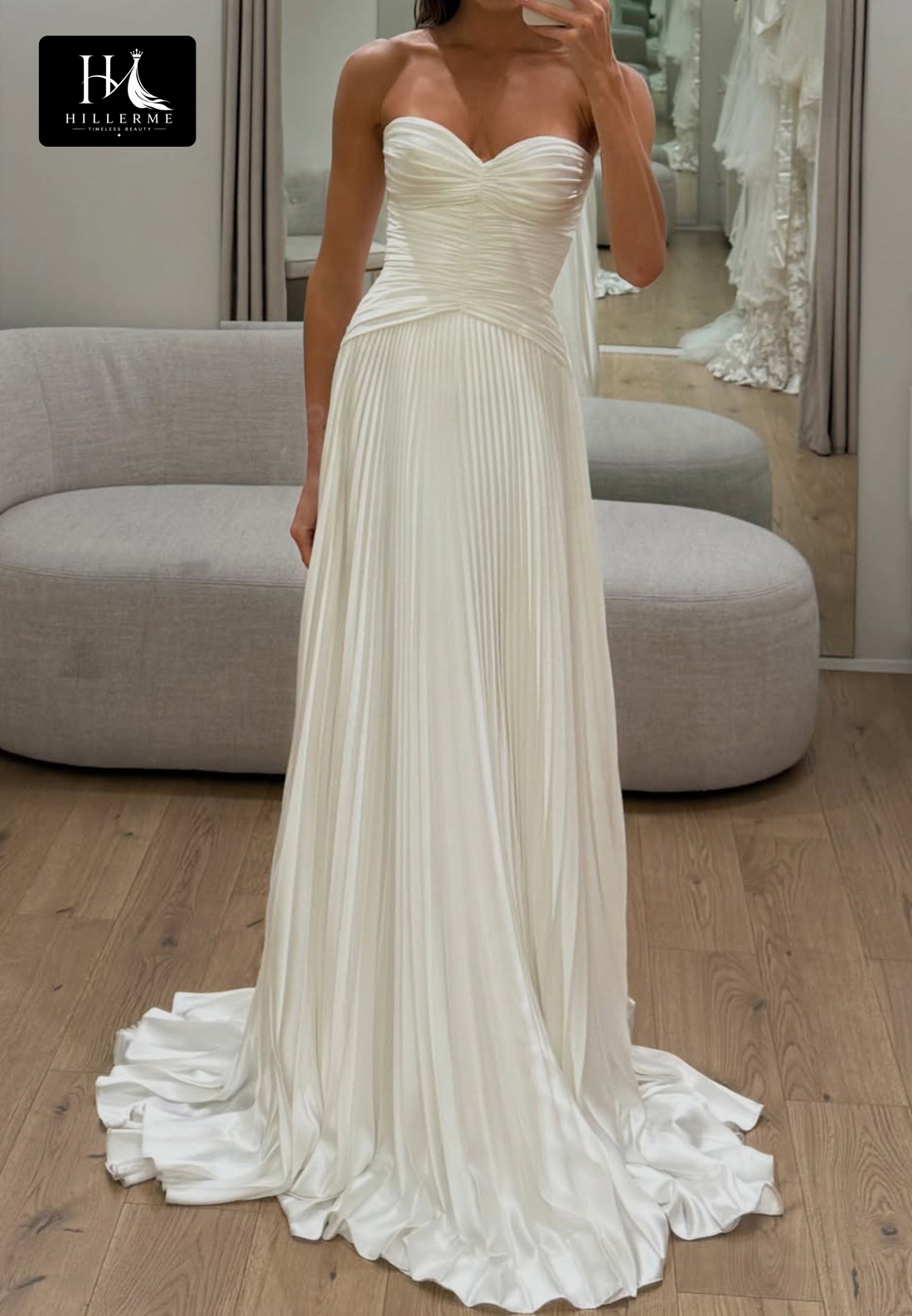 Sweetheart Off-Shoulder Sleeveless Satin Pleated A-Line Wedding Dress with Sweep Train