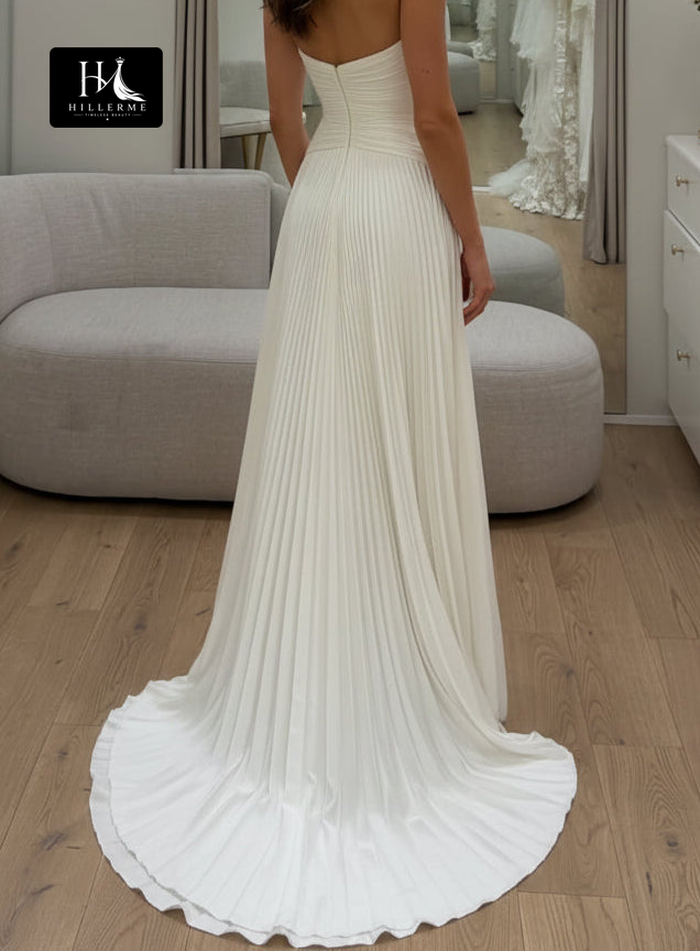 Sweetheart Off-Shoulder Sleeveless Satin Pleated A-Line Wedding Dress with Sweep Train