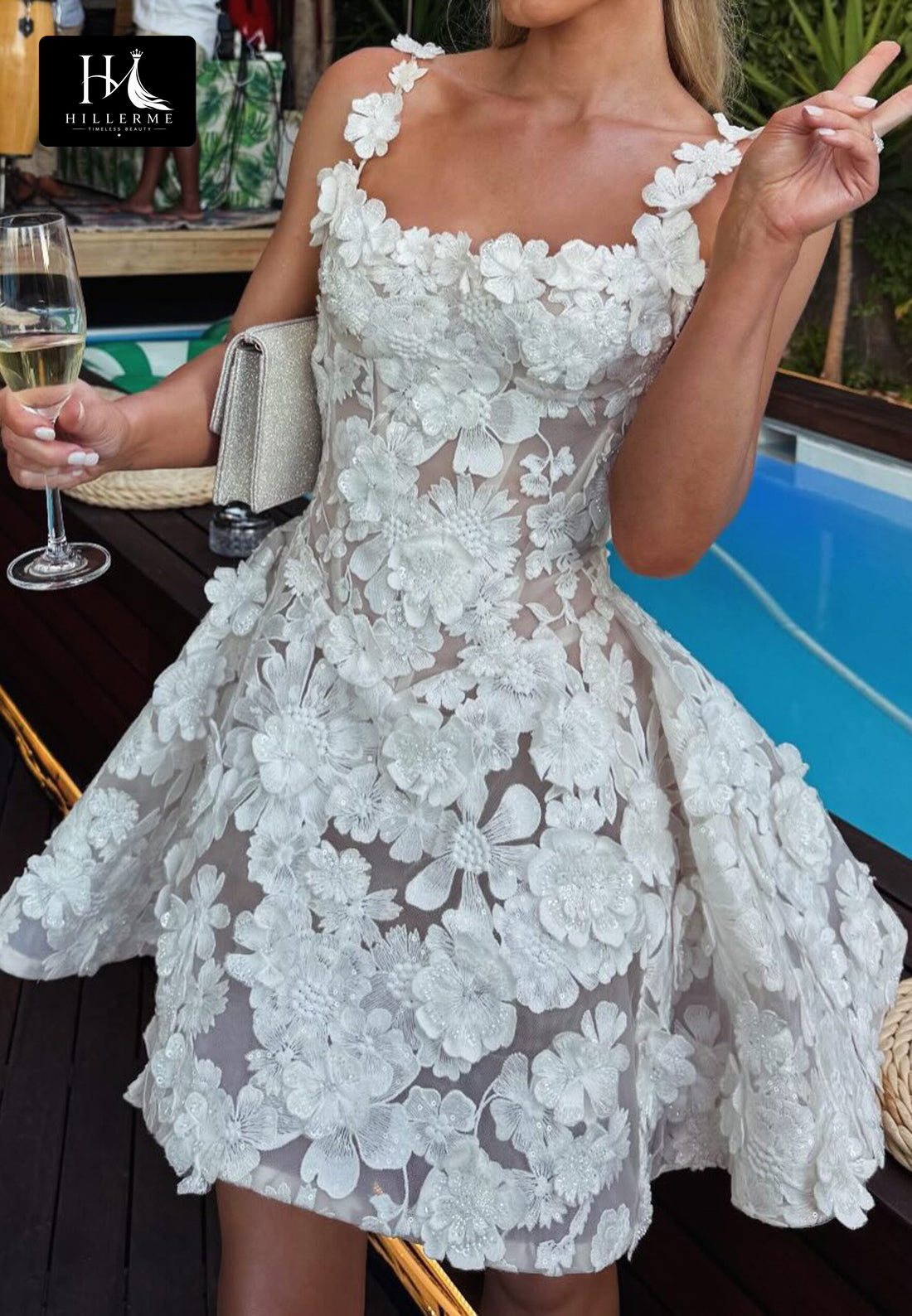 Square-Neck Tulle A-Line Wedding Dress with 3D Floral Appliqués and Spaghetti Straps