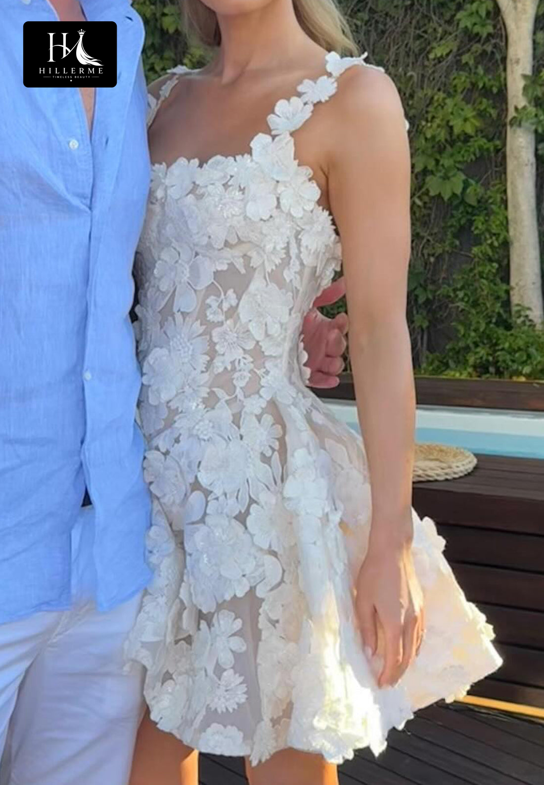 Square-Neck Tulle A-Line Wedding Dress with 3D Floral Appliqués and Spaghetti Straps