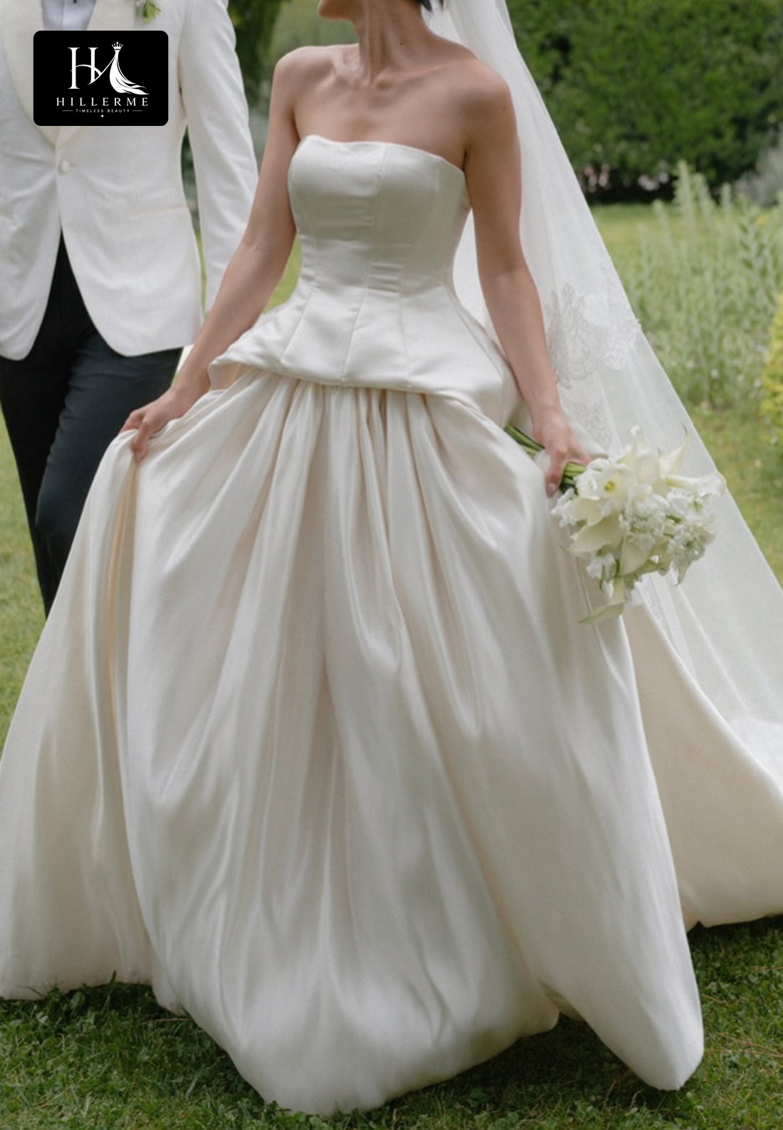 Satin Pleated A-Line Wedding Dress with Tube Top Off-Shoulder Neckline and Train