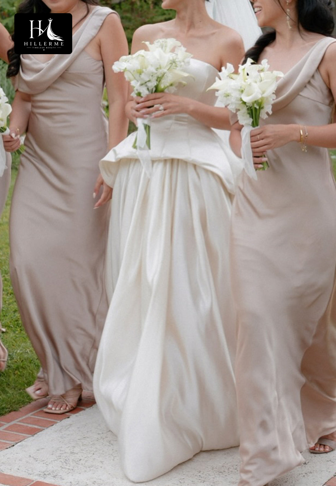Satin Pleated A-Line Wedding Dress with Tube Top Off-Shoulder Neckline and Train
