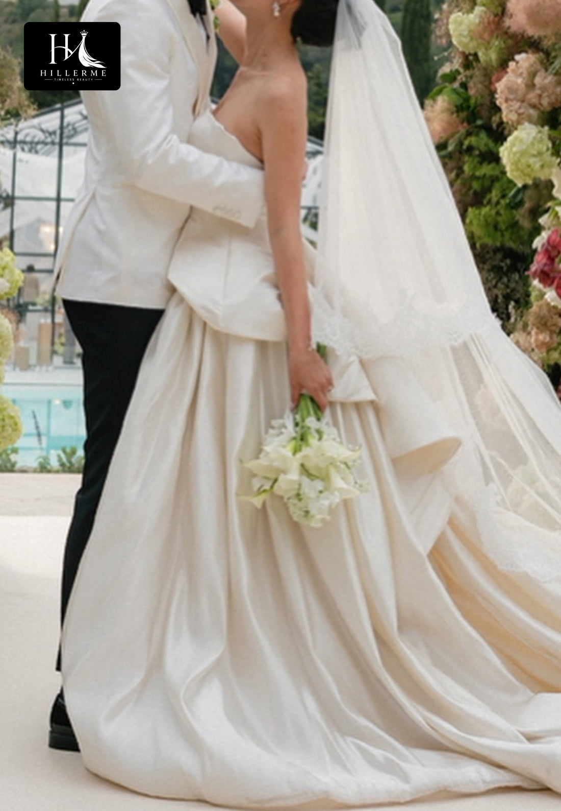 Satin Pleated A-Line Wedding Dress with Tube Top Off-Shoulder Neckline and Train