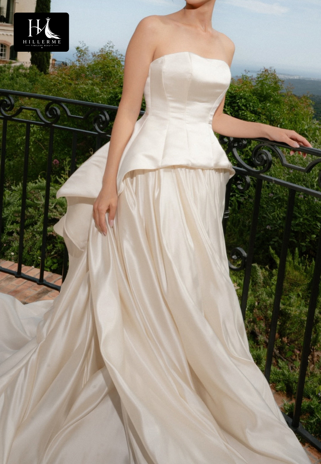 Satin Pleated A-Line Wedding Dress with Tube Top Off-Shoulder Neckline and Train