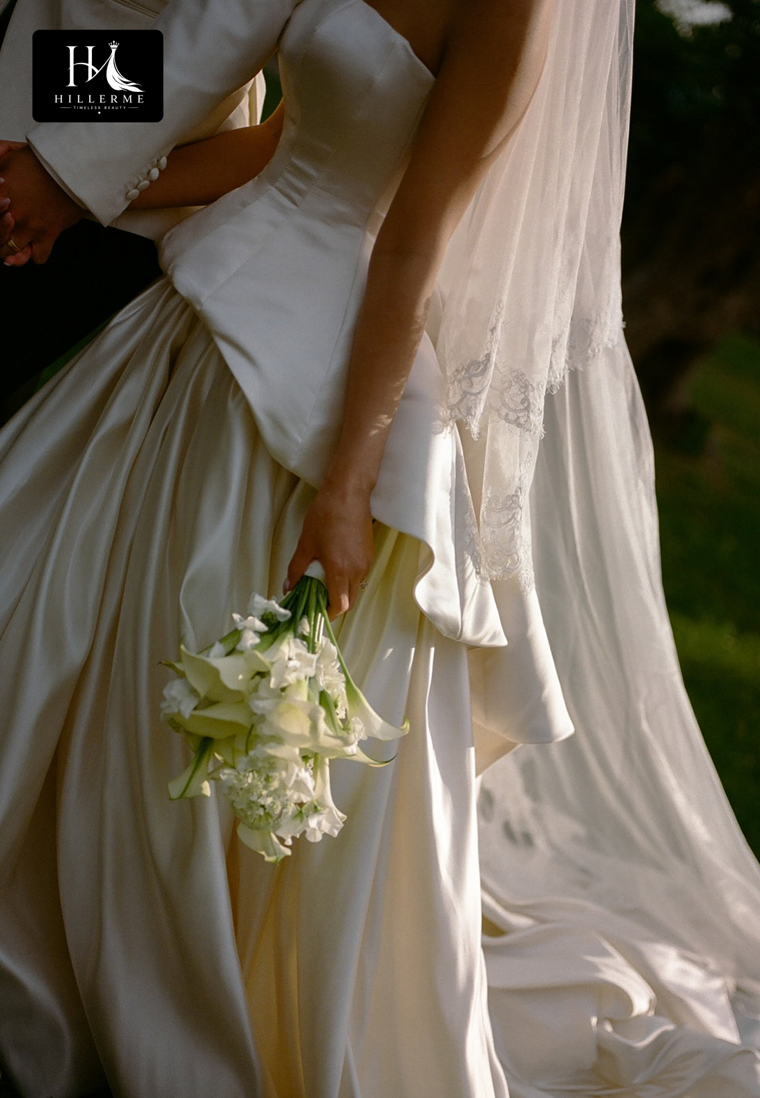 Satin Pleated A-Line Wedding Dress with Tube Top Off-Shoulder Neckline and Train