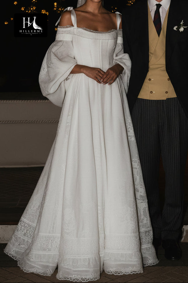 Satin Pleated A-Line Wedding Dress with Bateau Neckline and Spaghetti Straps