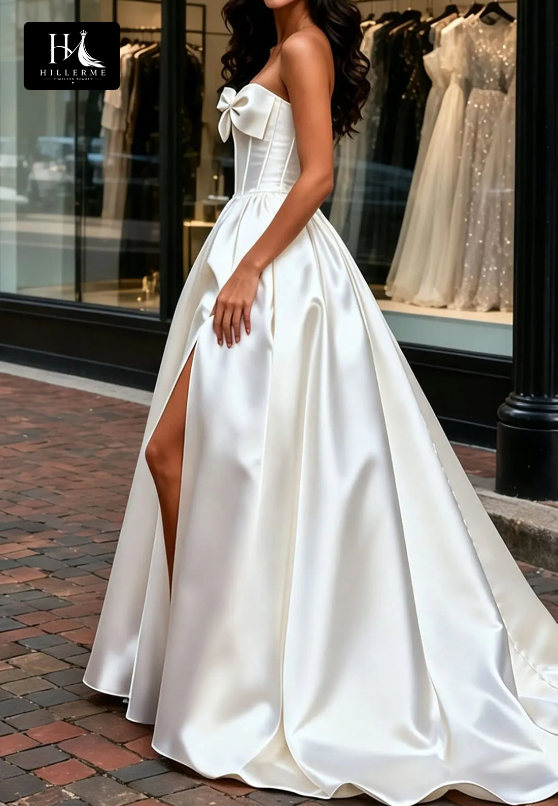 Sleeveless Off-Shoulder Satin A-Line Wedding Dress with Pleated Tube Top and Bow Detail