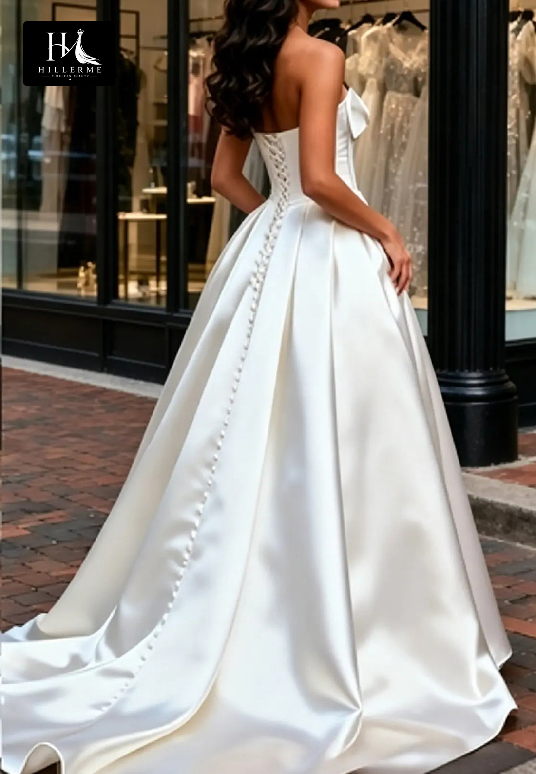Sleeveless Off-Shoulder Satin A-Line Wedding Dress with Pleated Tube Top and Bow Detail