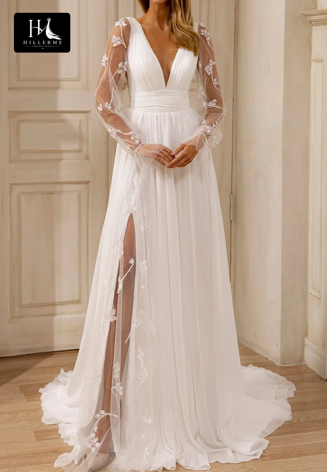 Deep V-Neck Long-Sleeve Appliqué Chiffon & Tulle Pleated A-Line Wedding Dress with Sweep Train