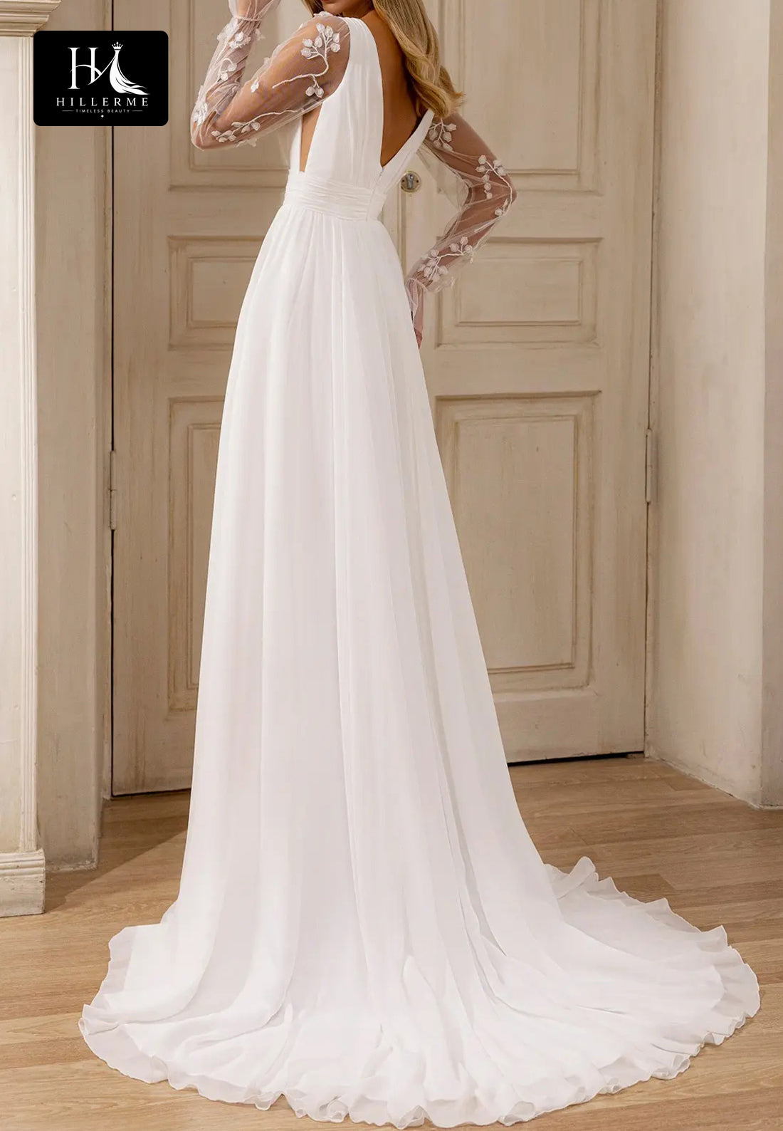 Deep V-Neck Long-Sleeve Appliqué Chiffon & Tulle Pleated A-Line Wedding Dress with Sweep Train