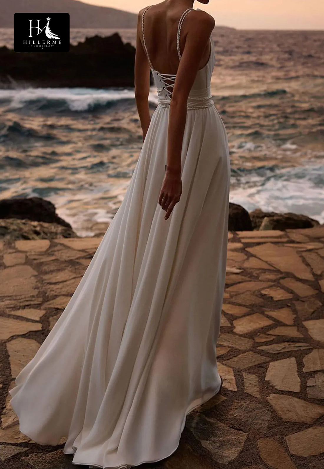 Floor-Length A-Line Wedding Dress with V-Neck, Spaghetti Straps, and Pleated Stretch Satin Skirt