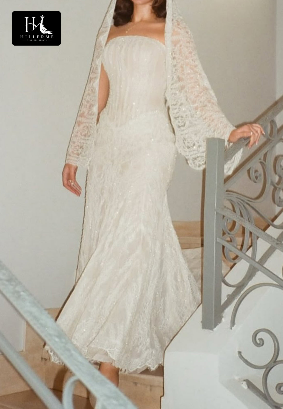Fully Sequined Off-Shoulder Mermaid Wedding Dress with Lace Appliqués and Floor-Length Tulle Skirt