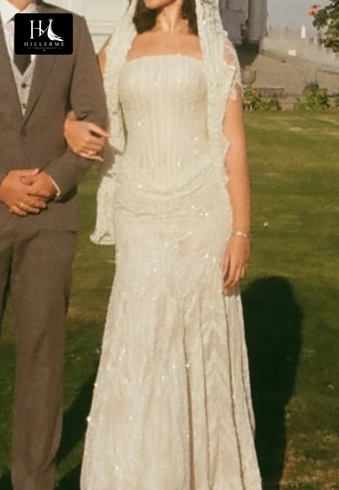 Fully Sequined Off-Shoulder Mermaid Wedding Dress with Lace Appliqués and Floor-Length Tulle Skirt