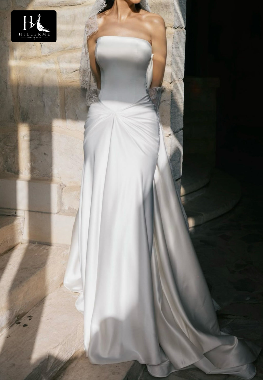 Satin Pleated Mermaid Wedding Dress with Tube Top Off-Shoulder Neckline and Sweep Train