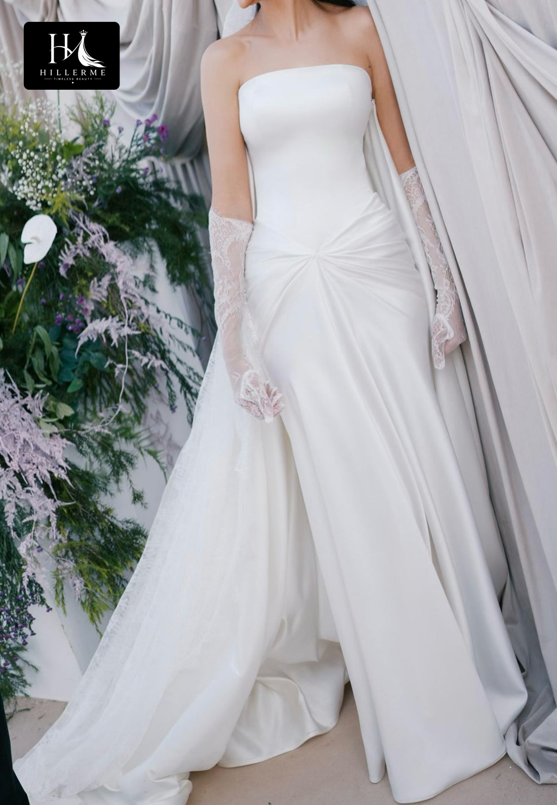 Satin Pleated Mermaid Wedding Dress with Tube Top Off-Shoulder Neckline and Sweep Train