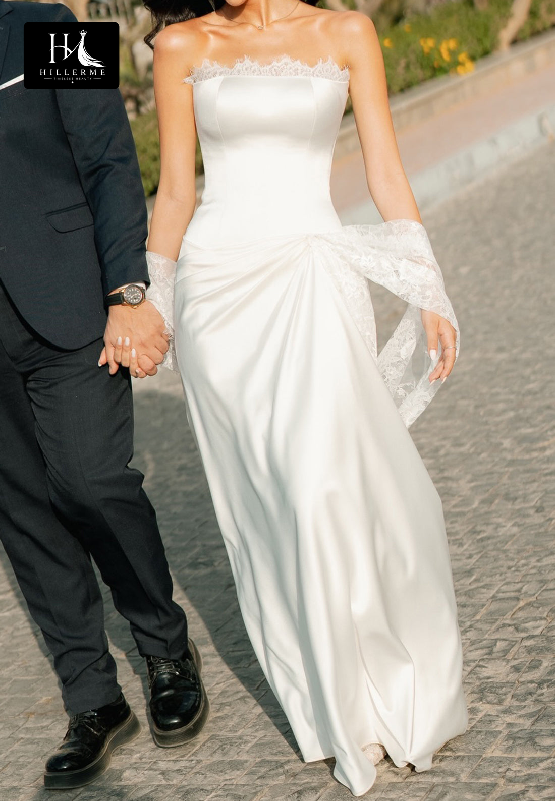 Sleek Off-Shoulder Tube Top Mermaid Wedding Dress with Lace & Satin Pleating