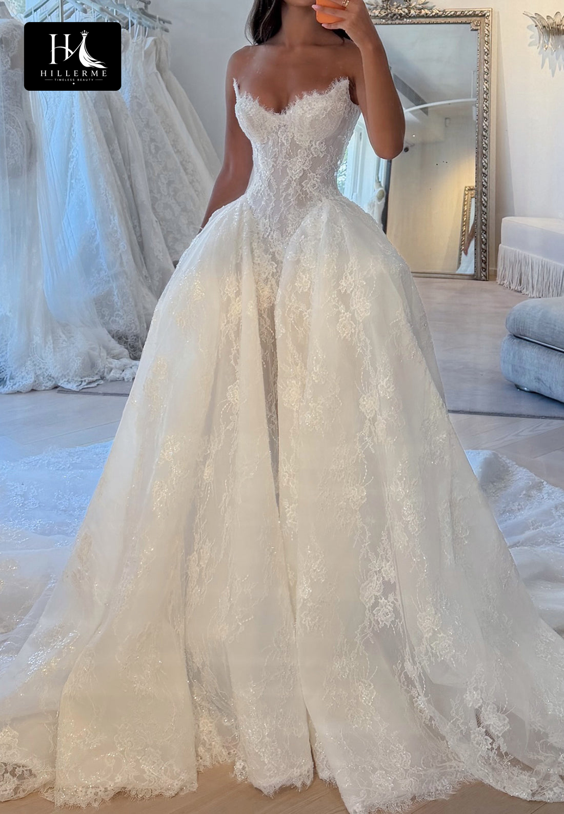 Sweetheart Strapless Tulle Appliqué Sequined A-Line Bridal Gown with Train