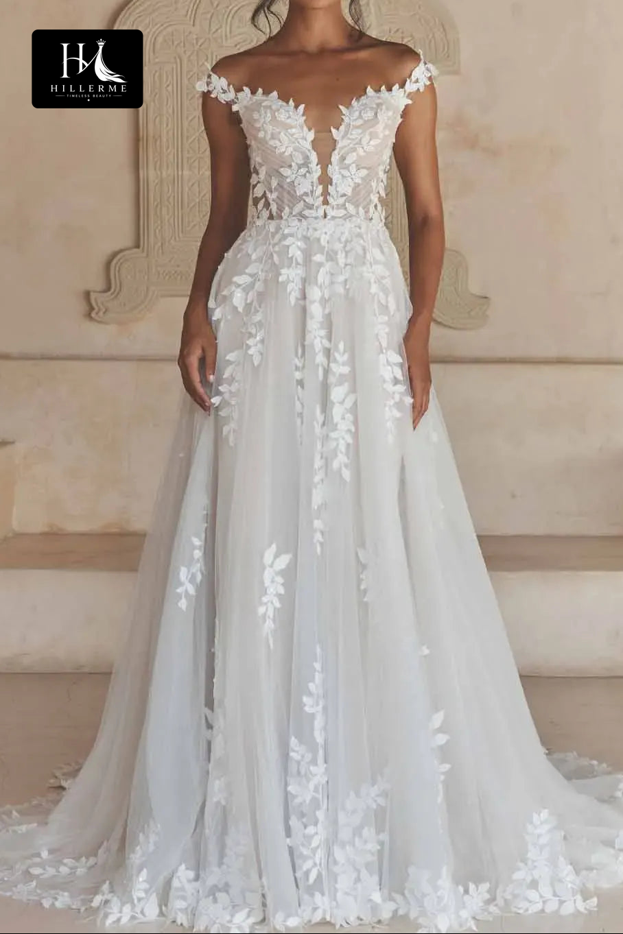 Sweetheart Off-Shoulder Appliqué Tulle A-Line Wedding Dress with Long Sleeves and Open Back