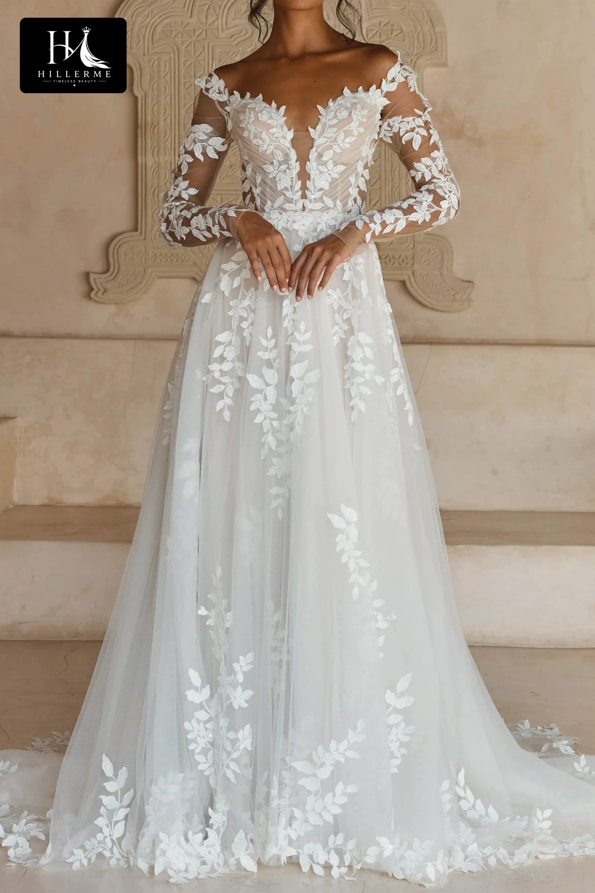 Sweetheart Off-Shoulder Appliqué Tulle A-Line Wedding Dress with Long Sleeves and Open Back