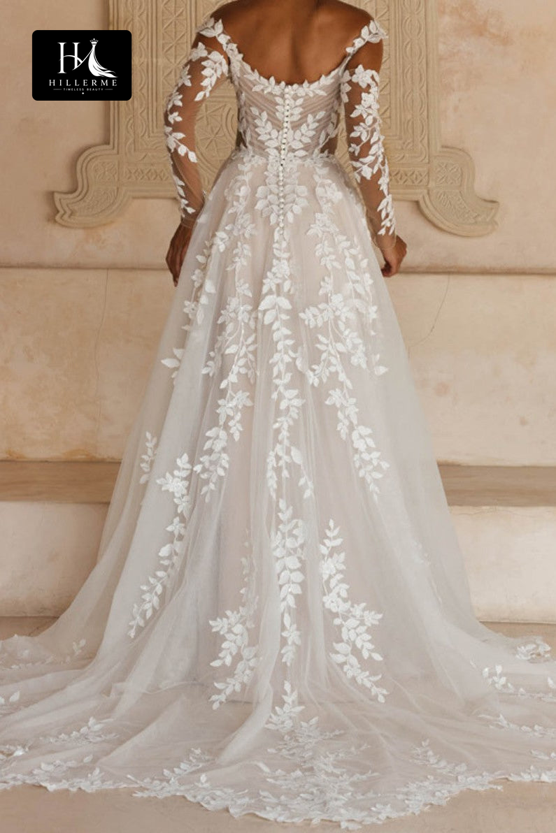 Sweetheart Off-Shoulder Appliqué Tulle A-Line Wedding Dress with Long Sleeves and Open Back