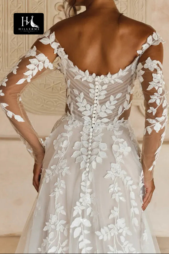 Sweetheart Off-Shoulder Appliqué Tulle A-Line Wedding Dress with Long Sleeves and Open Back